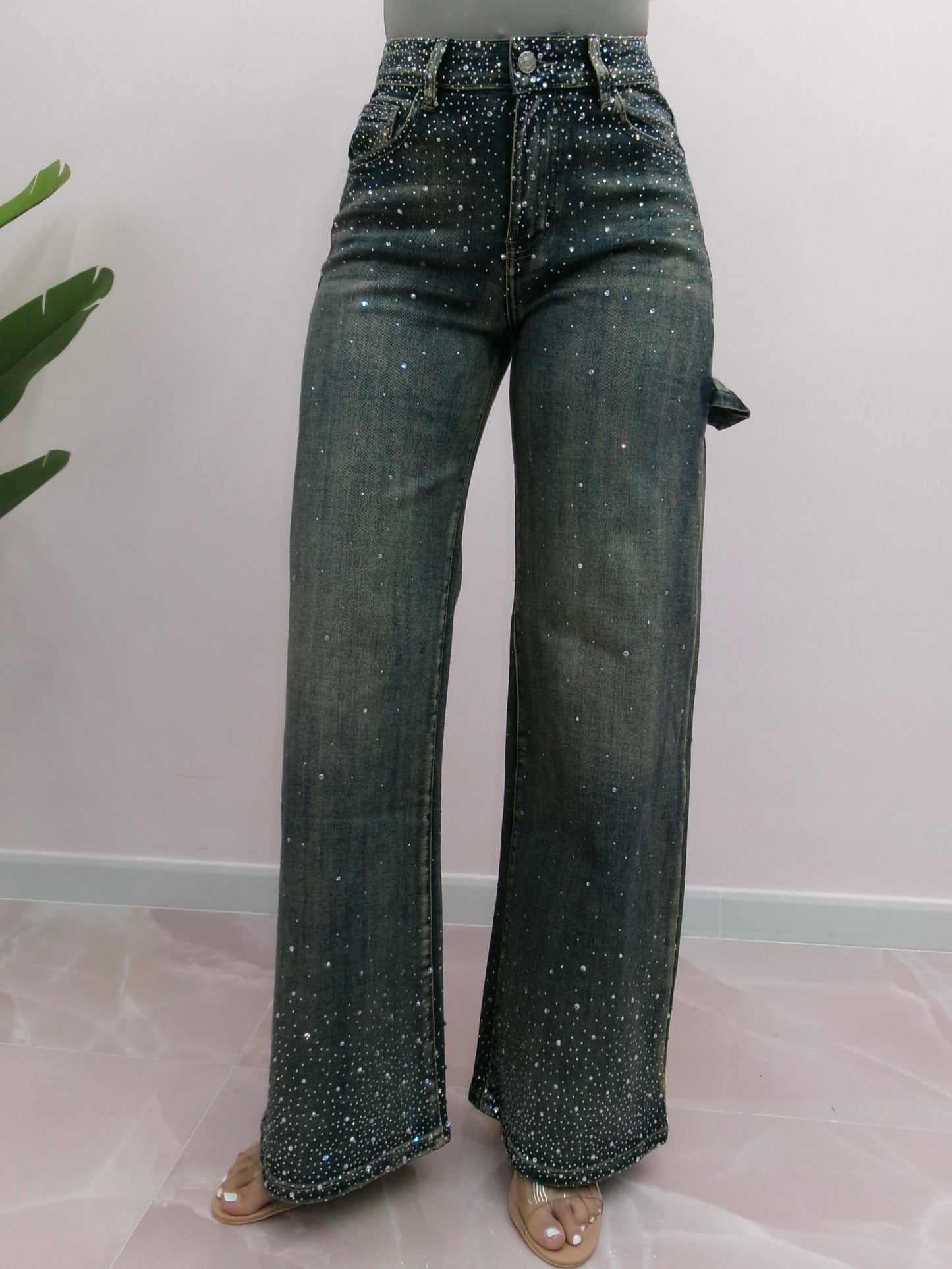 DENIM CASCATA DI STRASS SABBIA