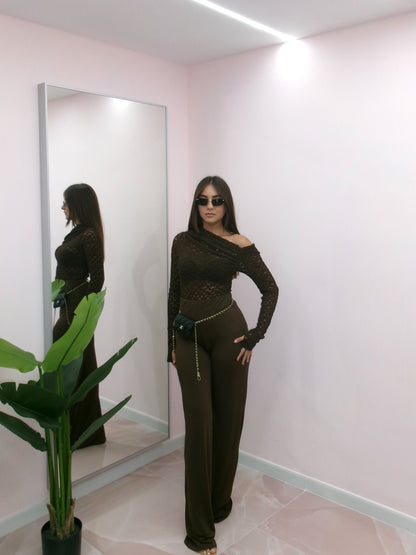 PANTALONE MODELLANTE PALAZZO MARRONE