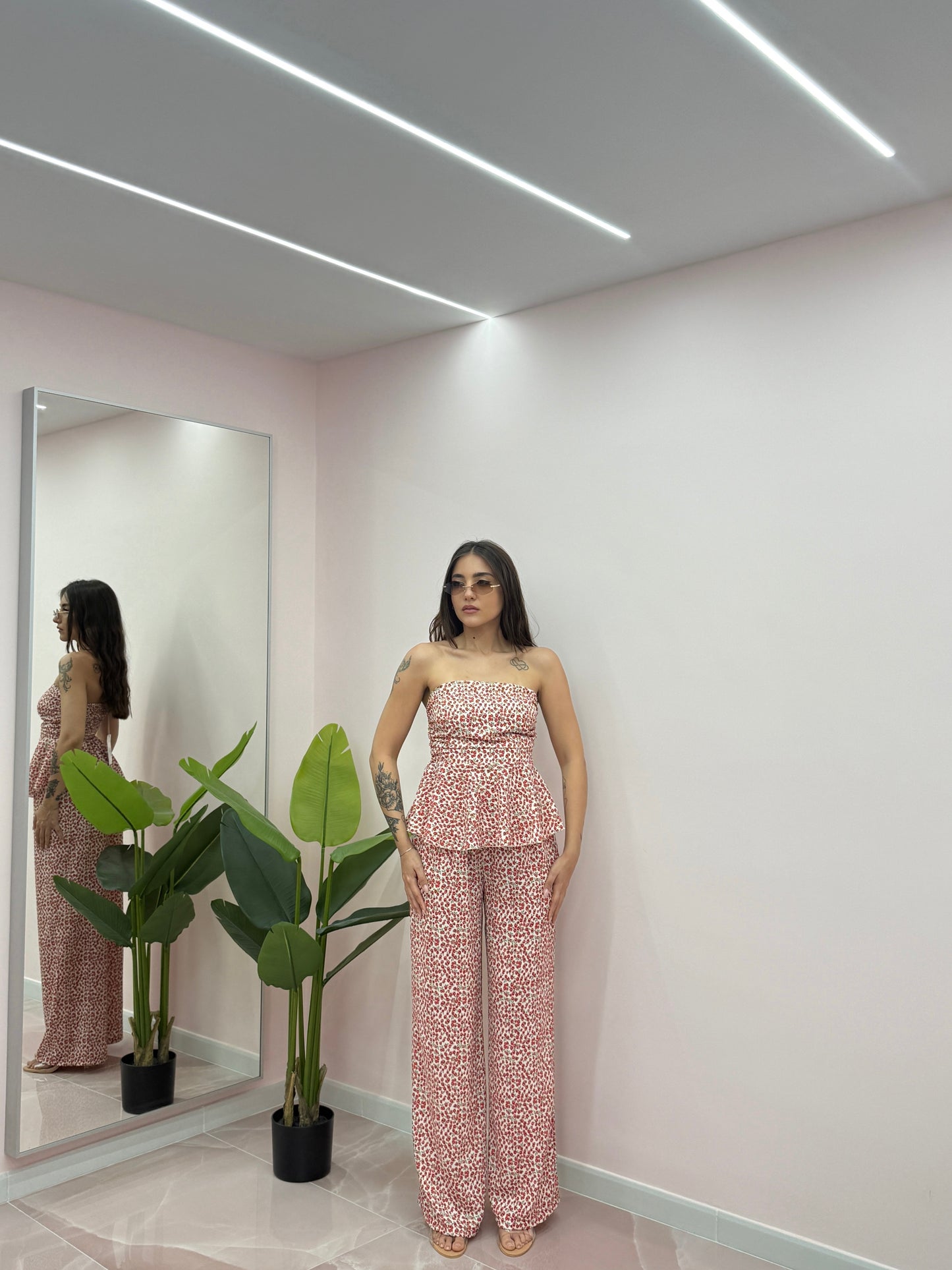 COORDINATO ESMERALDA FIORI BIANCO E ROSSO
