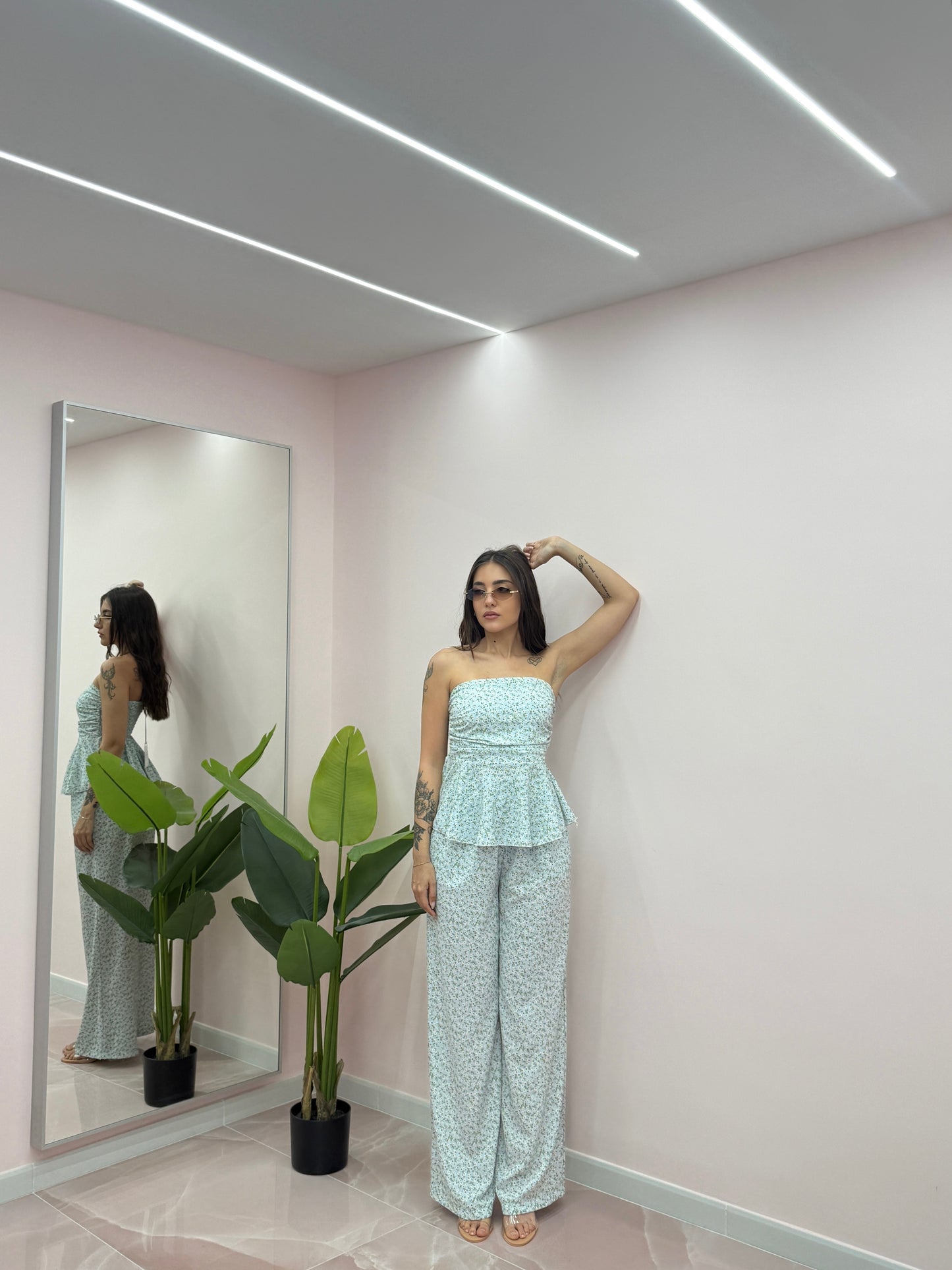 COORDINATO ESMERALDA FIORI BIANCO E TIFFANY